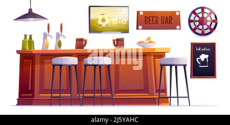 Beer bar stuff, pub desk with bottles and cups, high stools, drinks, menu board, darts and television with football match hang on wall isolated on whi Stock Vector