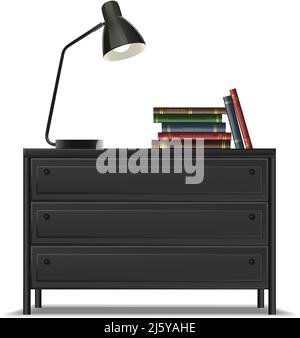 3d realistic vector icon set. Bedside table or desk with lamp and books on top. Isolated on white background. Stock Vector