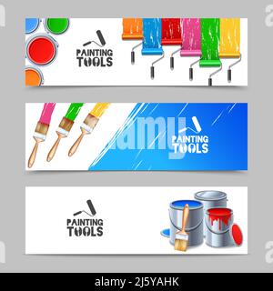 Painting tools realistic horizontal banners set with brush and paint roller isolated vector illustration Stock Vector