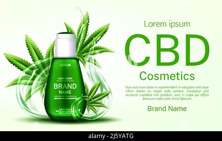 Cbd cosmetics bottle with water splashes and cannabis leaves web banner mockup, glass tube with hemp cannabinoid extract. Legal marijuanna weed thc co Stock Vector