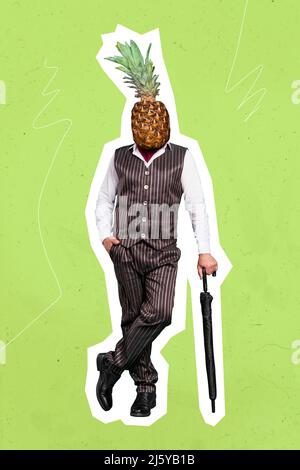 Vertical full length body size view collage picture of classy man with ananas head holding umbrella isolated on green color background Stock Photo