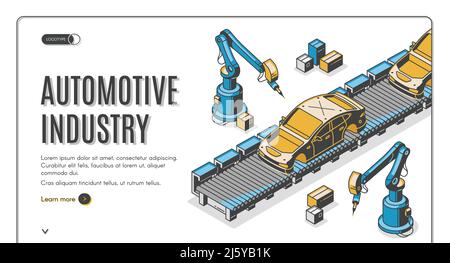 Automotive industry isometric landing page, robots hands assemble car on conveyor belt. Innovation technology and factory automation process in manufa Stock Vector