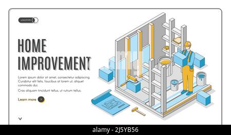 Home improvement isometric landing page. Construction repair service worker with tools make house renovation paint walls. Engineering architect buildi Stock Vector