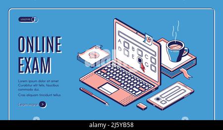 Online exam isometric web banner. Laptop with test questions on screen. Computer app for student examination with questionnaire form, distant educatio Stock Vector