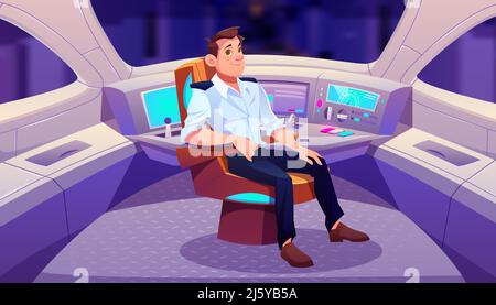 Train driver in cockpit, railroad engineer sitting in turning armchair near control panel in railway car cabin with electronic dashboard, buttons and Stock Vector