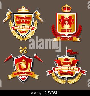 Heraldic premium class realistic emblems set with shields isolated vector illustration Stock Vector