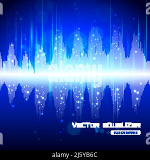 Electronic audio equipment digital equalizer sound wave track bright blue on dark background poster abstract vector illustration. Stock Vector