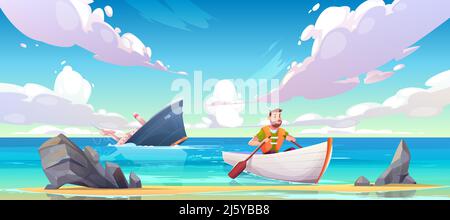 Man escaping from sinking ship after shipwreck accident, vessel run aground in ocean, going under water surface, character in life vest rowing in boat Stock Vector