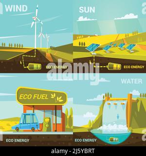 Ecological energy design concept set with retro cartoon wind sun and water power elements isolated vector illustration Stock Vector