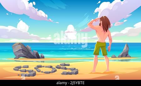 Castaway man on uninhabited island, lonely stranded longhaired character stand on seaside looking into distance on ocean with sos sign made of stones Stock Vector