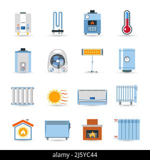 Heating devices boilers radiators and emitter or fireplace flat color icon set isolated vector illustration Stock Vector