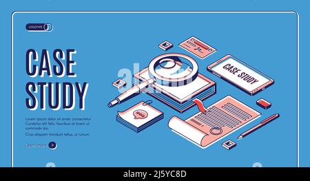 Case study isometric web banner. Business information research and analysis, magnifying glass with notebook, smartphone, certificate and stationery on Stock Vector
