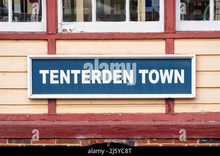 Tenterden Town sign on the signal box of the Kent & East Sussex Railway at Tenterden Town station, Kent, UK. Preserved steam Stock Photo