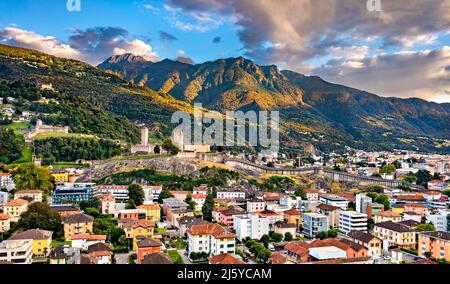 View of Bellinzona with the three castles. UNESCO world heritage in Ticino, Switzerland Stock Photo