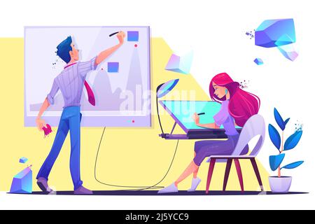 Creative office work or coworking occupation. Young man writing on chart board with sticky notes, woman designer, artist painter sitting at desk drawi Stock Vector