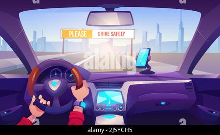 Driver hands on car steering wheel, auto interior with gps on dashboard panel and road view with drive safely banner through windshield, man driving a Stock Vector