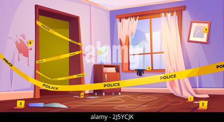 Crime scene, murder place fenced with yellow police tape, chalk line silhouette of dead body on floor, bloody knife and red spots on walls. Wrecked fu Stock Vector