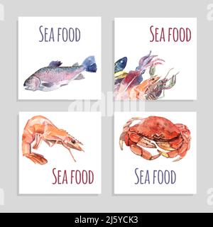 Seafood watercolor square banners set with crabs fish and shrimp isolated vector illustration Stock Vector
