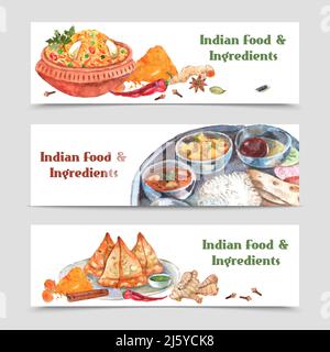 Indian food watercolor horizontal banners set with spices rice and ingredients isolated vector illustration Stock Vector