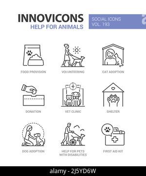 Help for animals and pets - line design style icons set Stock Vector