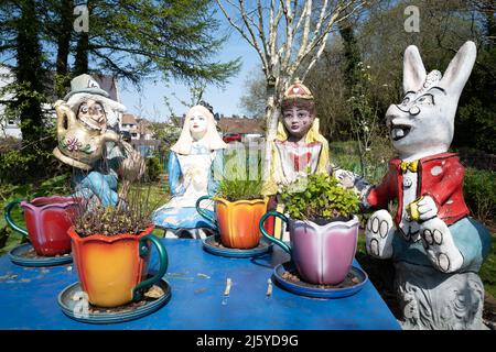 The Mad Hatter's Tea Party, Alice in Wonderland scene, Cullybackey Co. Antrim, Northern Ireland. Stock Photo