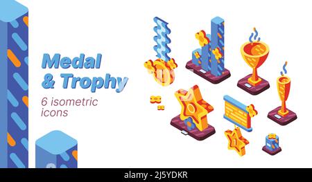 Medal and trophy isometric icons set. Golden goblets, cups, stars and charts on wooden pedestals, winners awards for first place in sports or business Stock Vector