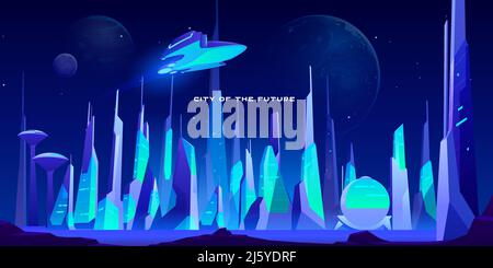 City of future at night in neon lights. Spaceship flying above futuristic cityscape with glowing illumination. Modern town buildings exterior architec Stock Vector