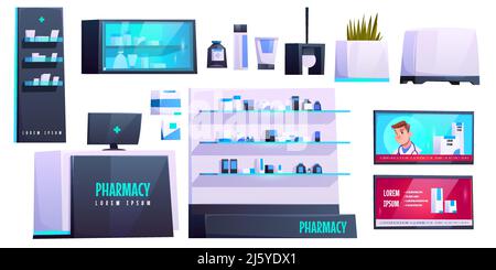 Pharmacy store, medical drugstore equipment and furniture set. Cashier desk with Pc, tv with pharmacist advertisement and medicine lying on shelves. H Stock Vector