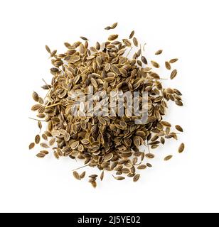 Heap of whole dill seeds isolated on a white background. Organic anethum graveolens fruits pile cutout. Natural spices and seasonings concept. Stock Photo