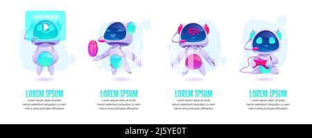 Cute chat bot, robot assistant in different poses. Vector set with futuristic funny character with artificial intelligence for mobile messenger with s Stock Vector