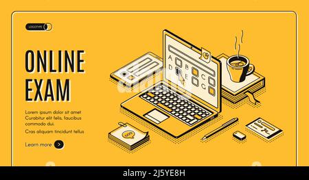 Online exam isometric web banner. Laptop with test questions on screen. Computer app for student examination with questionnaire form, distant educatio Stock Vector