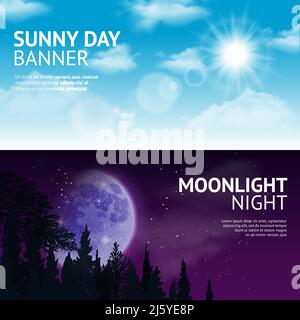 Night and day horizontal banner set with sun and moon in sky isolated vector illustration Stock Vector