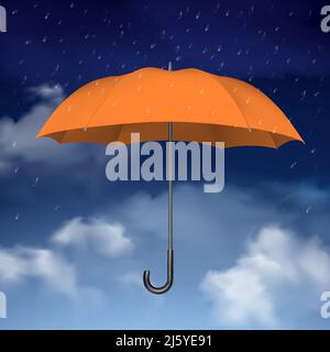 Colorful design concept of orange umbrella at blue sky background with clouds and raindrops vector illustration Stock Vector