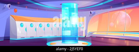 Futuristic school hallway interior with lockers and round hologram with adverts. Vector cartoon background of empty corridor in college, university wi Stock Vector
