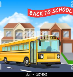 School bus on street with back to school title road and houses realistic vector illustration Stock Vector
