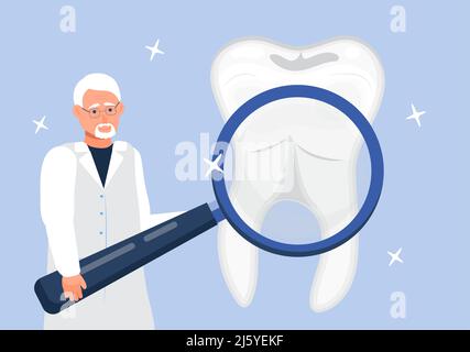 Dental services vector concept. Doctor takes magnifier glass. Dentist make scan of teeth to help toothache Stock Vector