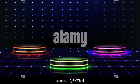 Neon podiums. Empty stages in nightclub, dance floor with three pedestals of red, pink green glowing lighting. Illuminated scenes for dancing, fashion Stock Vector