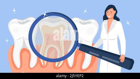 Dental services vector concept. Doctor takes magnifier glass. Dentist make scan of teeth to help toothache Stock Vector