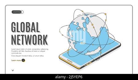 Global network isometric landing page. Earth planet lying on mobile phone screen, worldwide wireless technology connection, internet communication sys Stock Vector