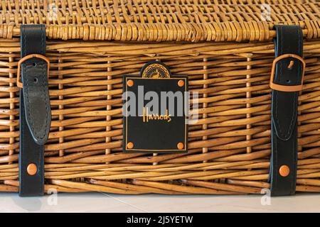 Harrods traditional wicker hamper Stock Photo