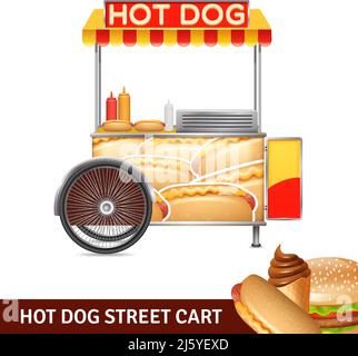 Hot dog street cart with ketchup mayonnaise and mustard realistic vector illustration Stock Vector