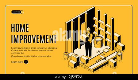 Home improvement isometric landing page. Construction repair service worker with tools make house renovation paint walls. Engineering architect buildi Stock Vector