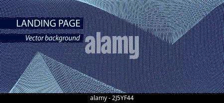 Navy blue background with geometric pattern of cyan dotted lines. Landing page, banner, poster template. Spotted strips. Vector abstract design. EPS10 Stock Vector