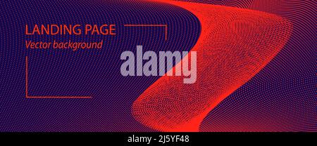 Bright red wave pattern, dark blue background. Abstract landing page template. Dotted curved lines. High technology concept. Vector design. EPS10 Stock Vector