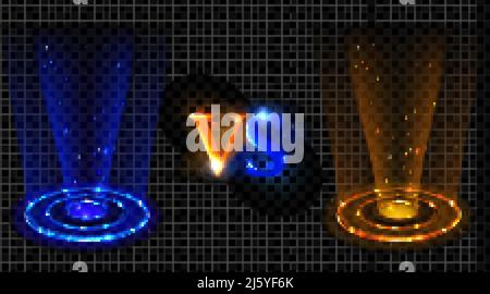 Vs hologram effect circles. Versus neon glowing blue and red round rays for battle or competition pedestals. Lighting magic fantasy portals or futuris Stock Vector
