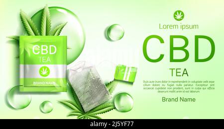 Cbd tea bag package mock up banner. Teabag with cannabis leaves organic herbs beverage advertising mockup. Hemp cannabinoid extract. Legal marijuanna Stock Vector