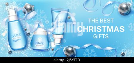 Winter cosmetic christmas gifts tubes mock up banner. Cosmetics bottles on blue background with festive decoration and snowflakes, beauty products gel Stock Vector