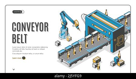 Factory conveyor belt isometric landing page. Robotic arms packing glass bottles production on transporter line. Automation, smart industrial robot as Stock Vector