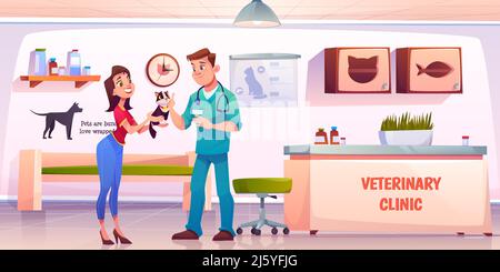 Customer in vet clinic. Young woman giving cat to veterinarian doctor on reception for medical treatment, vaccination or health check up. Animals hosp Stock Vector