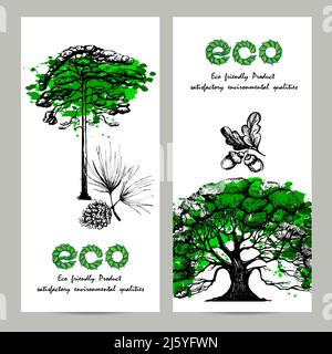 Ecology vertical banner set with hand drawn oak and pine trees isolated vector illustration Stock Vector